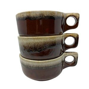 Vintage Western Stoneware WS Brown Drip Glaze Pottery 3 Soup Mugs Bowls #MCM USA
